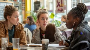 Three Young Women Talking and Studying at a Cafe